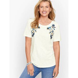 Talbots Embroidered Crewneck Tee Provencal Paisley White Floral Large